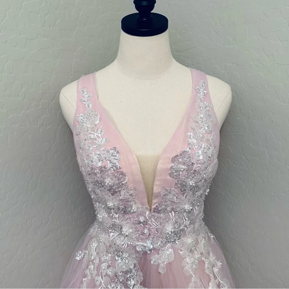 🔴CLEARANCE NEW JOVANI SZ 12 LIGHT PINK BEAD SHIMMER TULLE FIT FLARE FORMAL DRESS